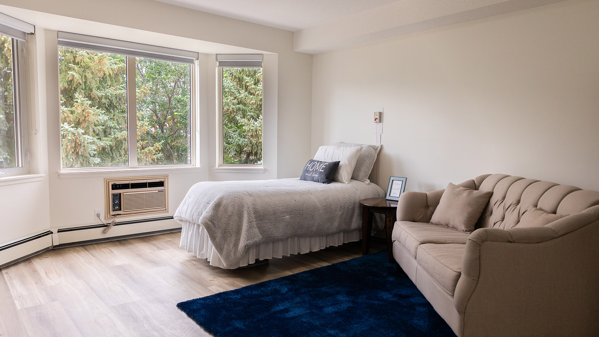 bed with sofa and window